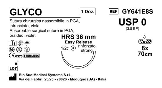 Sutura Glyco HRS 36 USP 0 - EP 3.5 70 cm 8 Violet Threads Easy Release; Box 12 pcs