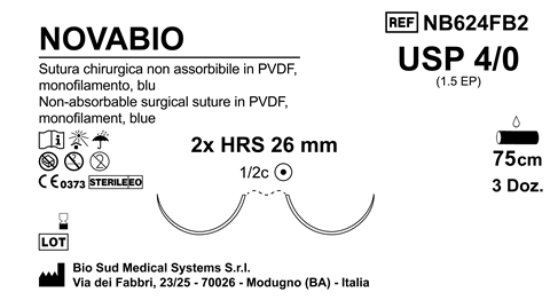 Sutura Novabio HRS 26 USP 4-0  - EP 1.5 75 cm Blue Double Armed  Box 36 pcs