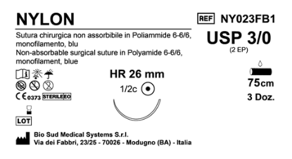 Sutura Nylon HR 26 USP 3-0 - EP 2 75 cm Blue Box 36 pcs