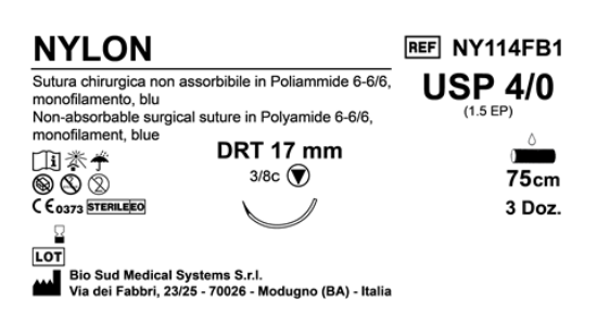 Sutura Nylon DRT 17 USP 4-0  - EP 1.5 75 cm Blue Box 36 pcs