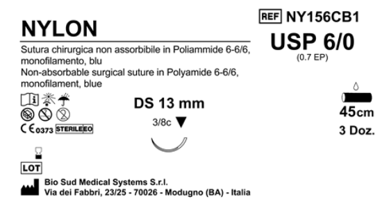 Sutura Nylon DS13 USP 6-0 - EP 0.7 45 cm Blue Box 36 pcs