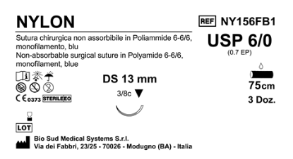 Sutura Nylon DS13 USP 6-0 - EP 0.7 75 cm Blue Box 36 pcs