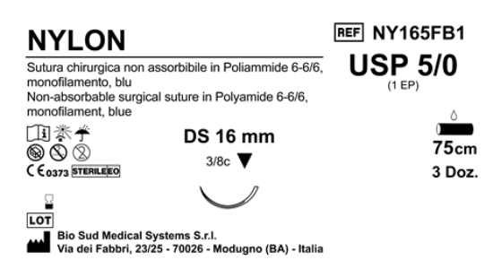 Sutura Nylon DS16 USP 5-0 - EP 1 75 cm Blue Box 36 pcs