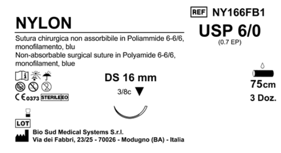 Sutura Nylon DS16 USP 6-0 - EP 0.7 75 cm Blue Box 36 pcs