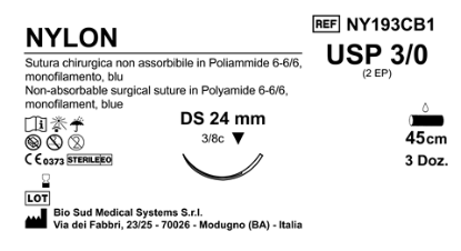 Sutura Nylon DS24 USP 3-0 - EP 2 45 cm Blue Box 36 pcs