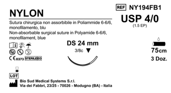 Sutura Nylon DS24 USP 4-0  - EP 1.5 75 cm Blue Box 36 pcs
