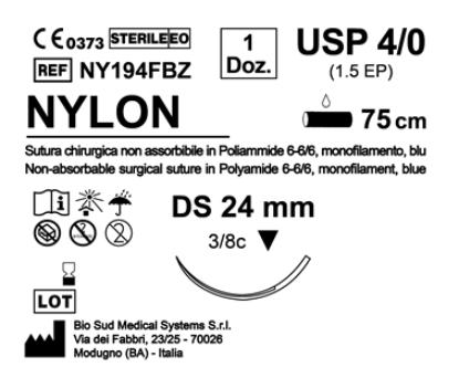 Sutura Nylon DS 24 USP 4-0  - EP 1.5 75 cm Blue Box 12 pcs