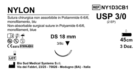 Sutura Nylon DS18 USP 3-0 - EP 2 45 cm Blue Box 36 pcs