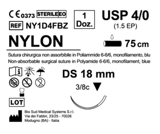 Sutura Nylon DS 18 USP 4-0  - EP 1.5 75 cm Blue Box 12 pcs