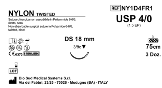 Sutura Nylon DS 18 USP 4-0  - EP 1.5 75 cm Black twisted Box 36 pcs