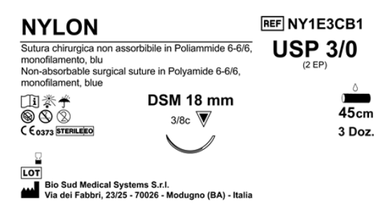 Sutura Nylon DSM18 USP 3-0 - EP 2 45 cm Blue Box 36 pcs