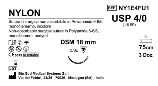 Sutura Nylon DSM 18 USP 4-0  - EP 1.5 75 cm Undyed Box 36 pcs