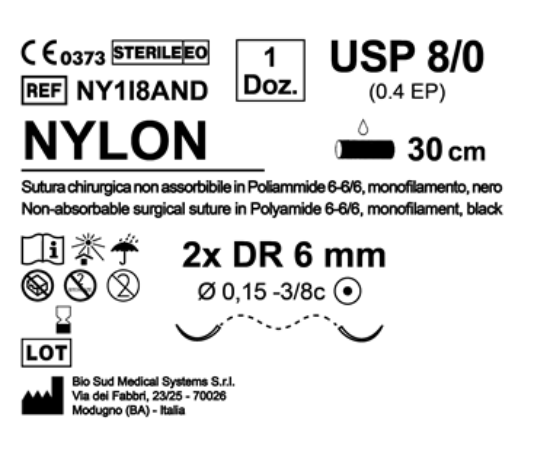 Sutura Nylon DR 6 USP 8-0 - EP 0.4 30 cm Black Double Armed  N.12 Bs. per Box