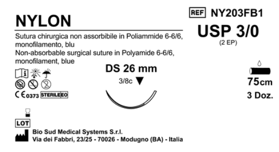 Sutura Nylon DS26 USP 3-0 - EP 2 75 cm Blue Box 36 pcs
