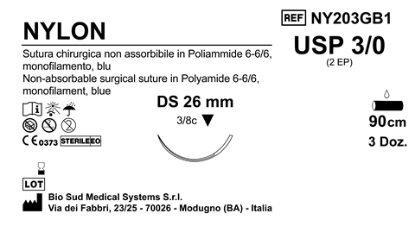 Sutura Nylon DS 26 USP 3-0 - EP 2 90 cm Blue Box 36 pcs