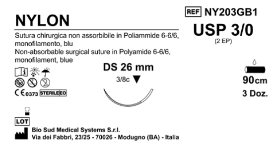 Sutura Nylon DS 26 USP 3-0 - EP 2 90 cm Blue Box 36 pcs