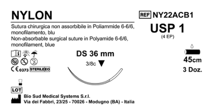 Sutura Nylon DS 36 USP 1 - EP 4 45 cm Blue Box 36 pcs