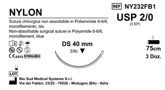 Sutura Nylon DS40 USP 2-0 - EP 3 75 cm Blue Box 36 pcs