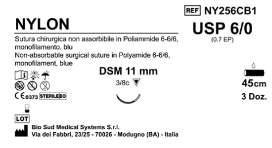 Sutura Nylon DSM11 USP 6-0 - EP 0.7 45 cm Blue Box 36 pcs