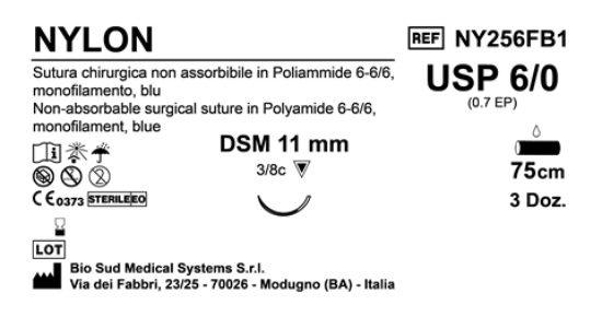 Sutura Nylon DSM 11 USP 6-0 - EP 0.7 75 cm Blue Box 36 pcs