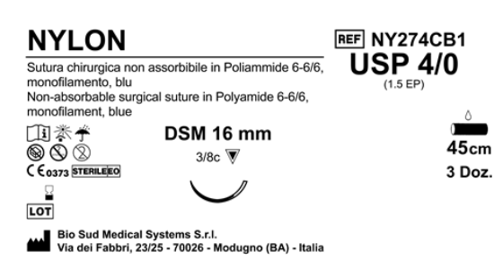 Sutura Nylon DSM16 USP 4-0  - EP 1.5 45 cm Blue Box 36 pcs