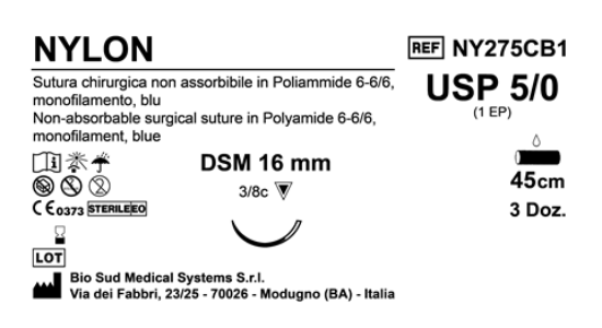 Sutura Nylon DSM16 USP 5-0 - EP 1 45 cm Blue Box 36 pcs