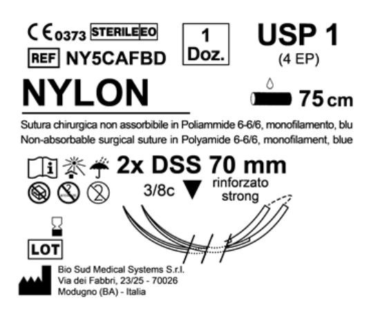Sutura Nylon DSS 70 USP 1 - EP 4 75 cm Blue Double Armed  N.12 Bs. per Box