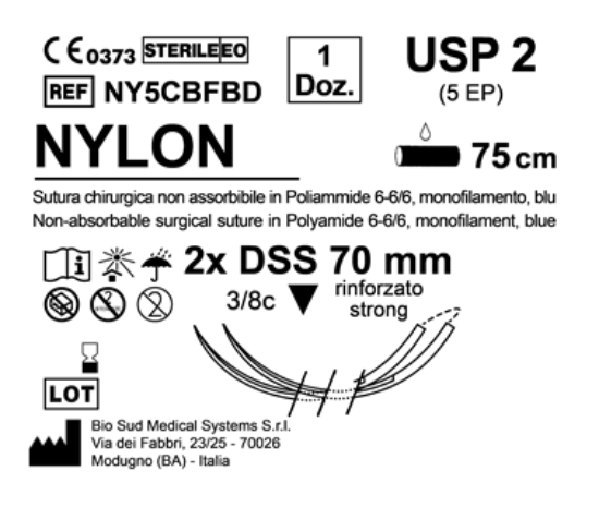 Sutura Nylon DSS 70 USP 2 - EP 5 75 cm Blue Double Armed  N.12 Bs. per Box