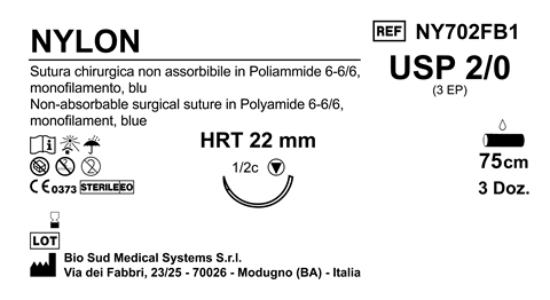 Sutura Nylon HRT 22 USP 2-0 - EP 3 75 cm Blue Box 36 pcs