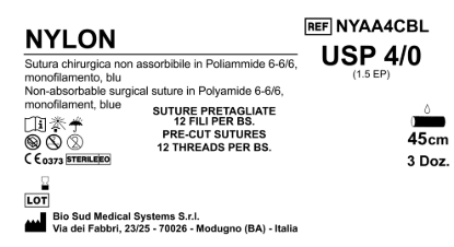 Sutura Nylon Precutted USP 4-0  - EP 1.5 45 cm Blue Bs. 36 x 12 Threads