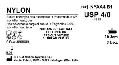 Sutura Nylon Precutted USP 4-0  - EP 1.5 150 cm Blue Box 36 pcs