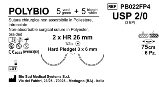 Sutura Polybio HR26 USP 2-0 - EP 3 75 cm threads: 5 White + 5 Green x Bs. Doub.Arm. Pledget Hard 3x6  Box  6 bs.