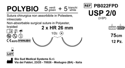 Sutura Polybio HR26 USP 2-0 - EP 3 75 cm Threads: 5 White + 5 Green x Bs. Double Armed  N.12 Bs. per Box