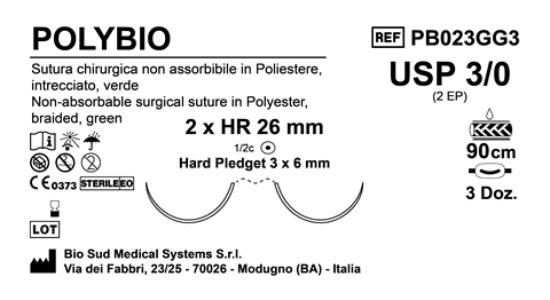 Sutura Polybio HR 26 USP 3-0 - EP 2 90 cm Green Doub.Arm. Pledget Hard 3x6 Box 36