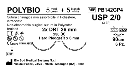 Sutura Polybio DRT26 USP 2-0 - EP 3 90 cm Threads: 5 White + 5 Green x Bs. Doub.Arm. Pledget Hard 3x6 Box 6