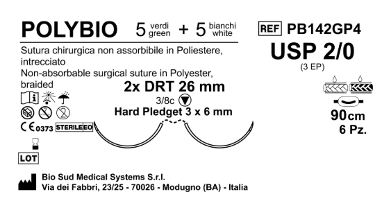 Sutura Polybio DRT26 USP 2-0 - EP 3 90 cm Threads: 5 White + 5 Green x Bs. Doub.Arm. Pledget Hard 3x6 Box 6