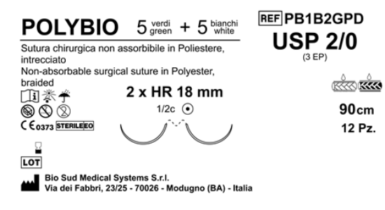 Sutura Polybio HR 18 USP 2-0 - EP 3 90 cm threads: 5 White + 5 Green x Bs. Double Armed   N.12 Bs. per Box