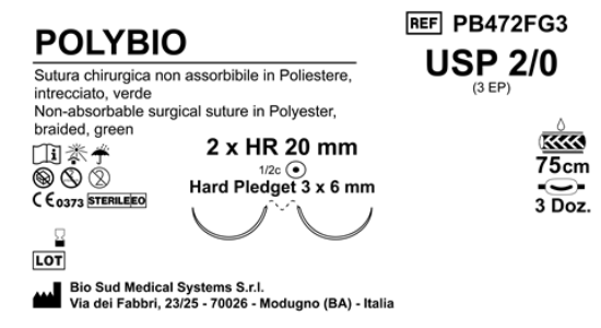 Sutura Polybio HR20 USP 2-0 - EP 3 75 cm Green Doub.Arm. Pledget Hard 3x6 Box 36