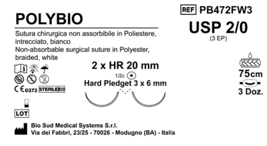 Sutura Polybio HR20 USP 2-0 - EP 3 75 cm White Doub.Arm. Pledget Hard 3x6 Box 36