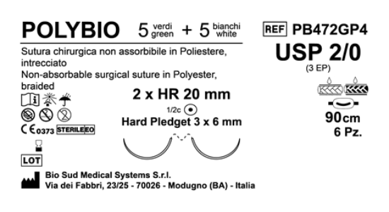 Sutura Polybio HR 20 USP 2-0 - EP 3 90 cm threads: 5 White + 5 Green x Bs. Doub.Arm. Pledget Hard 3x6 6Bs.