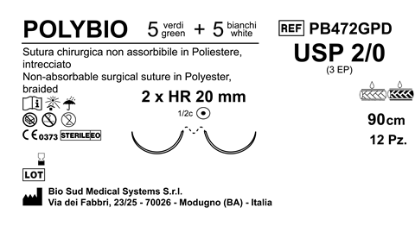 Sutura Polybio HR20 USP 2-0 - EP 3 90 cm threads: 5 White + 5 Green x Bs. Double Armed  N.12 Bs. per Box