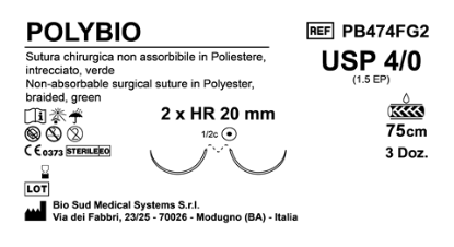 Sutura Polybio HR20 USP 4-0  - EP 1.5 75 cm Green Double Armed  Box 36 pcs