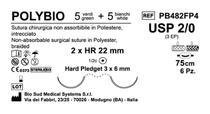 Sutura Polybio HR22 USP 2-0 - EP 3 75 cm Threads: 5 White + 5 Green x Bs. Doub.Arm. Pledget Hard 3x6 Box 6