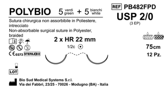 Sutura Polybio HR22 USP 2-0 - EP 3 75 cm threads: 5 White + 5 Green x Bs. Double Armed  N.12 Bs. per Box