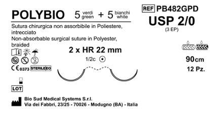 Sutura Polybio HR 22 USP 2-0 - EP 3 90 cm threads: 5 White + 5 Green x Bs. Double Armed  N.12 Bs. per Box