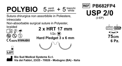 Sutura Polybio HRT17 USP 2-0 - EP 3 75 cm Threads: 5 White + 5 Green x Bs. Doub.Arm. Pledget Hard 3x6 Box 6