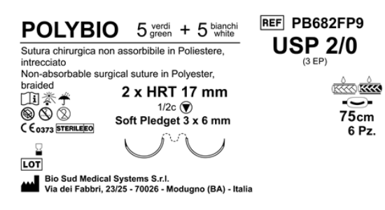 Sutura Polybio HRT17 USP 2-0 - EP 3 75 cm Threads: 5 White + 5 Green x Bs. Doub.Arm. Pledget Soft 3x6 Box 6