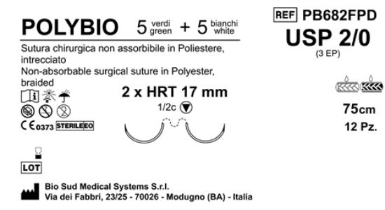 Sutura Polybio HRT17 USP 2-0 - EP 3 75 cm Threads: 5 White + 5 Green x Bs. Double Armed  N.12 Bs. per Box