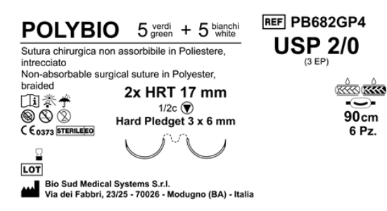 Sutura Polybio HRT17 USP 2-0 - EP 3 90 cm Threads: 5 White + 5 Green x Bs. Doub.Arm. Pledget Hard 3x6 Box 6