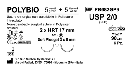 Sutura Polybio HRT 17 USP 2-0 - EP 3 90 cm threads: 5 White + 5 Green x Bs. Doub.Arm. Pledget Soft 3x6 6Bs.